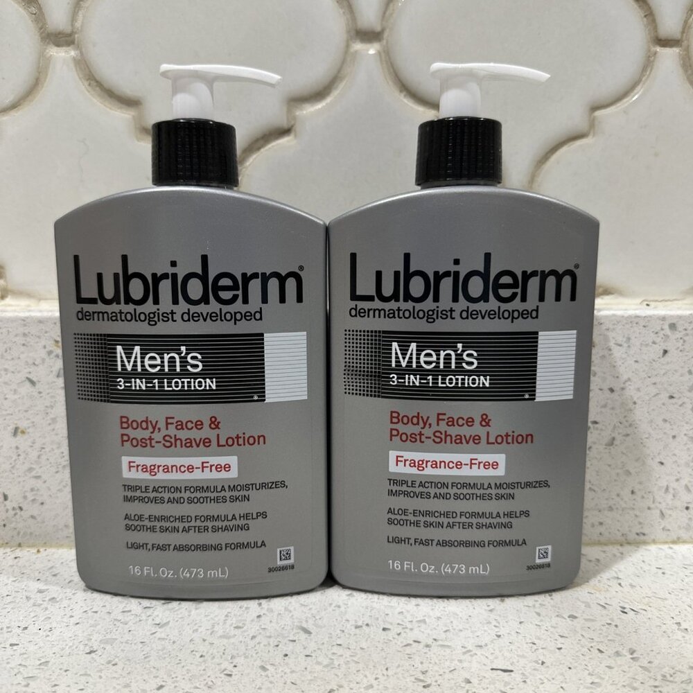 2-Lubriderm Men's 3 in 1 Lotion Fragrance Free Body Face Post Shave 16 fl oz